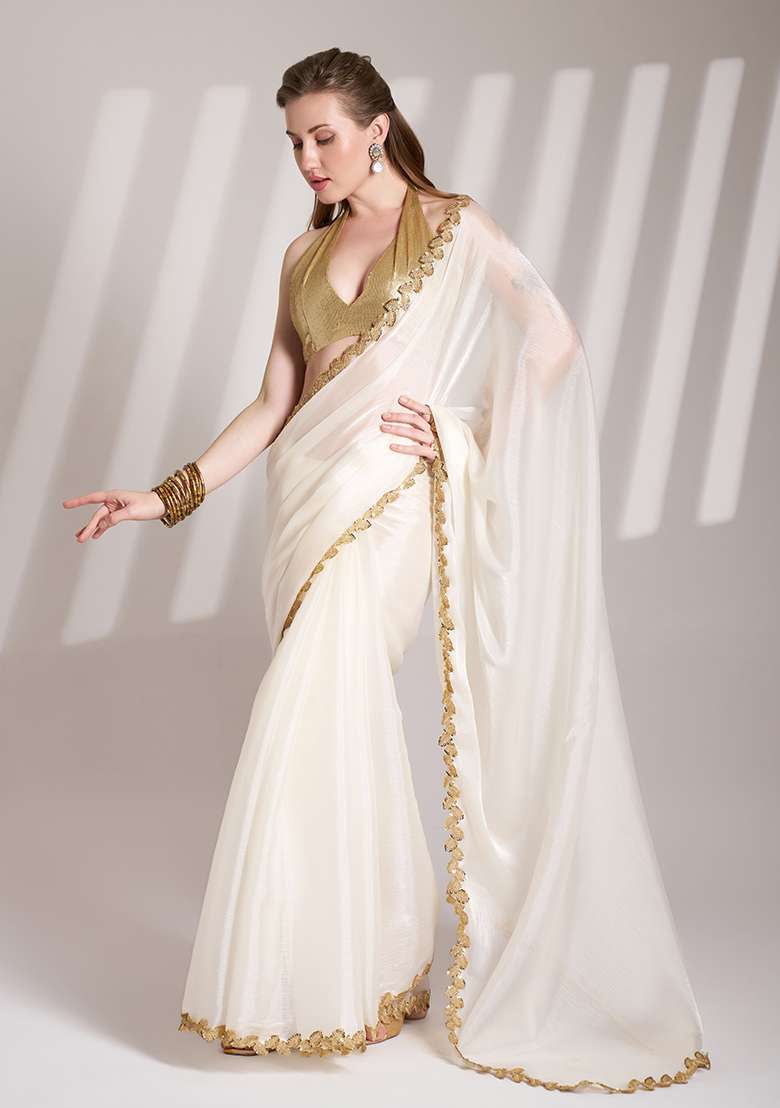 White Abstract Print Organza Saree Set - Indya