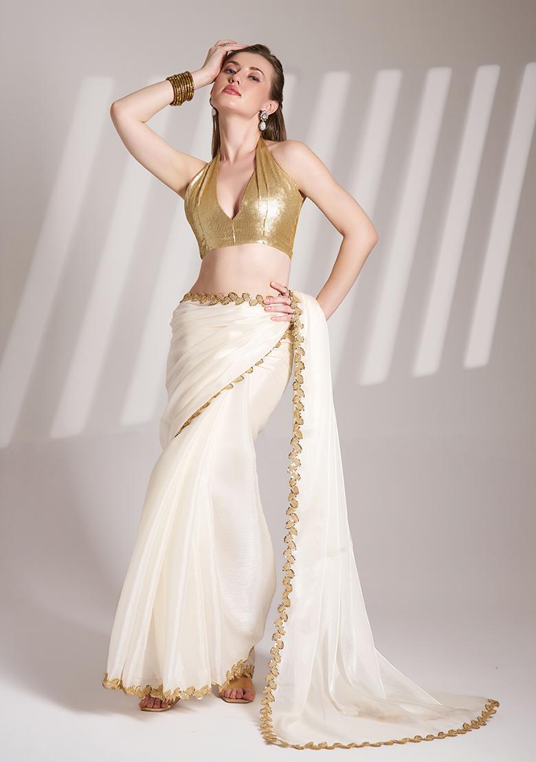 White Abstract Print Organza Saree Set