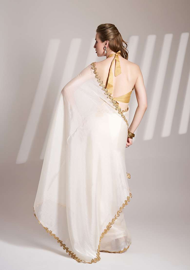 White Abstract Print Organza Saree Set - Indya
