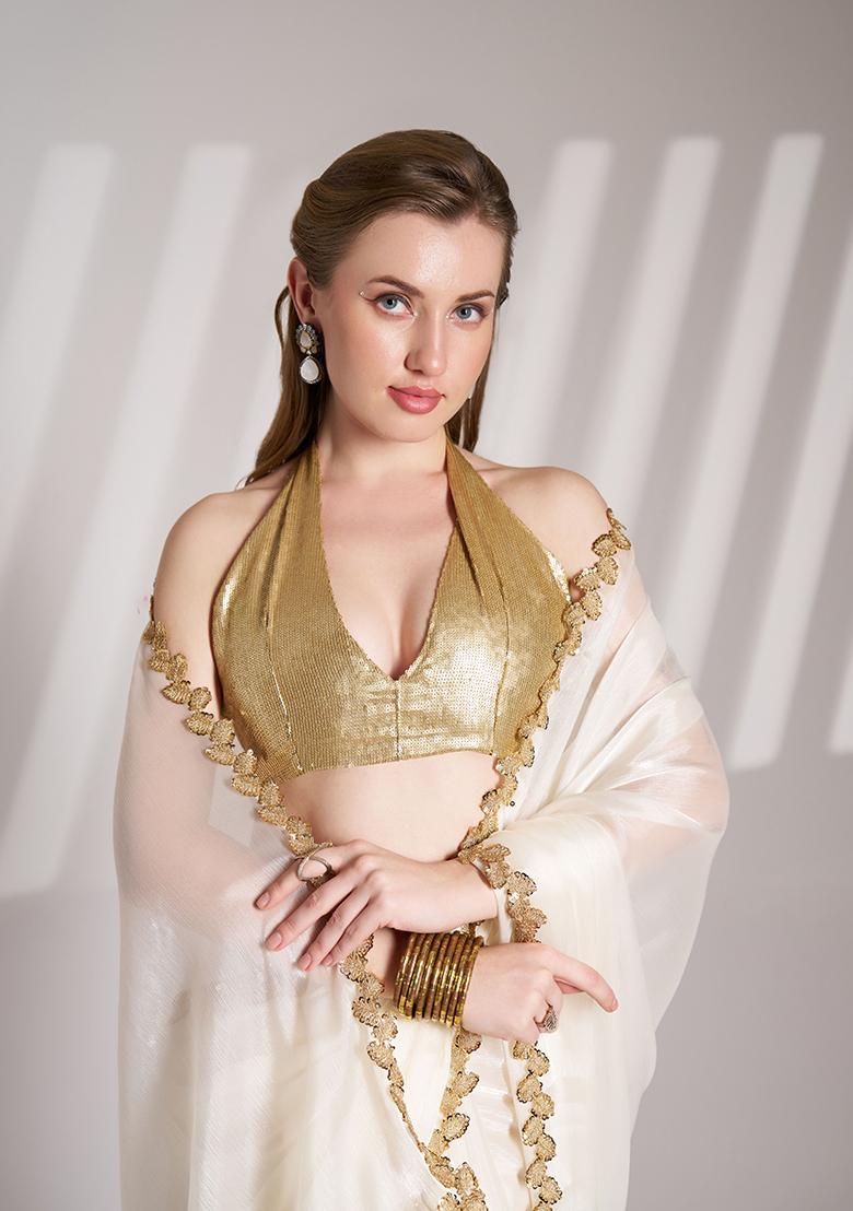 White Abstract Print Organza Saree Set