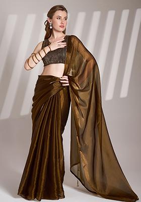 Brown Abstract Print Organza Saree Set