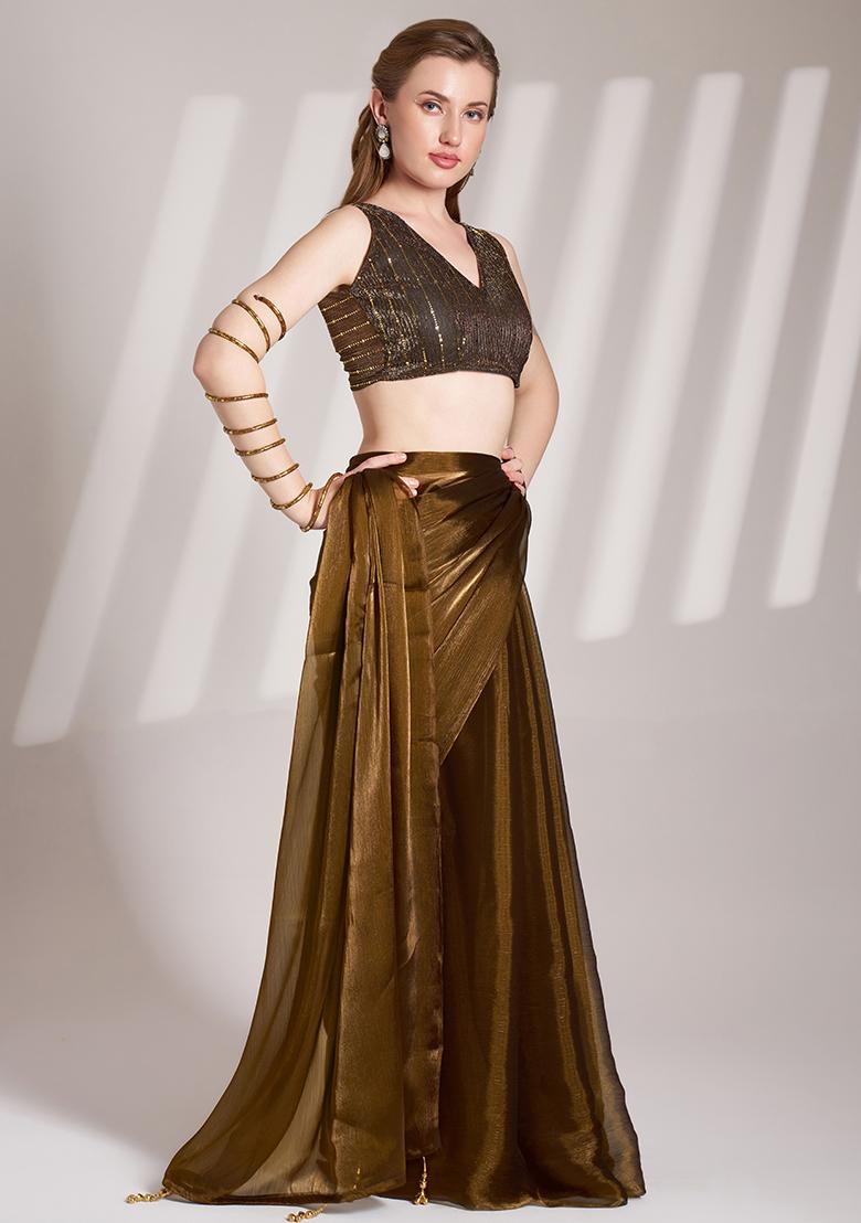 Brown Abstract Print Organza Saree Set