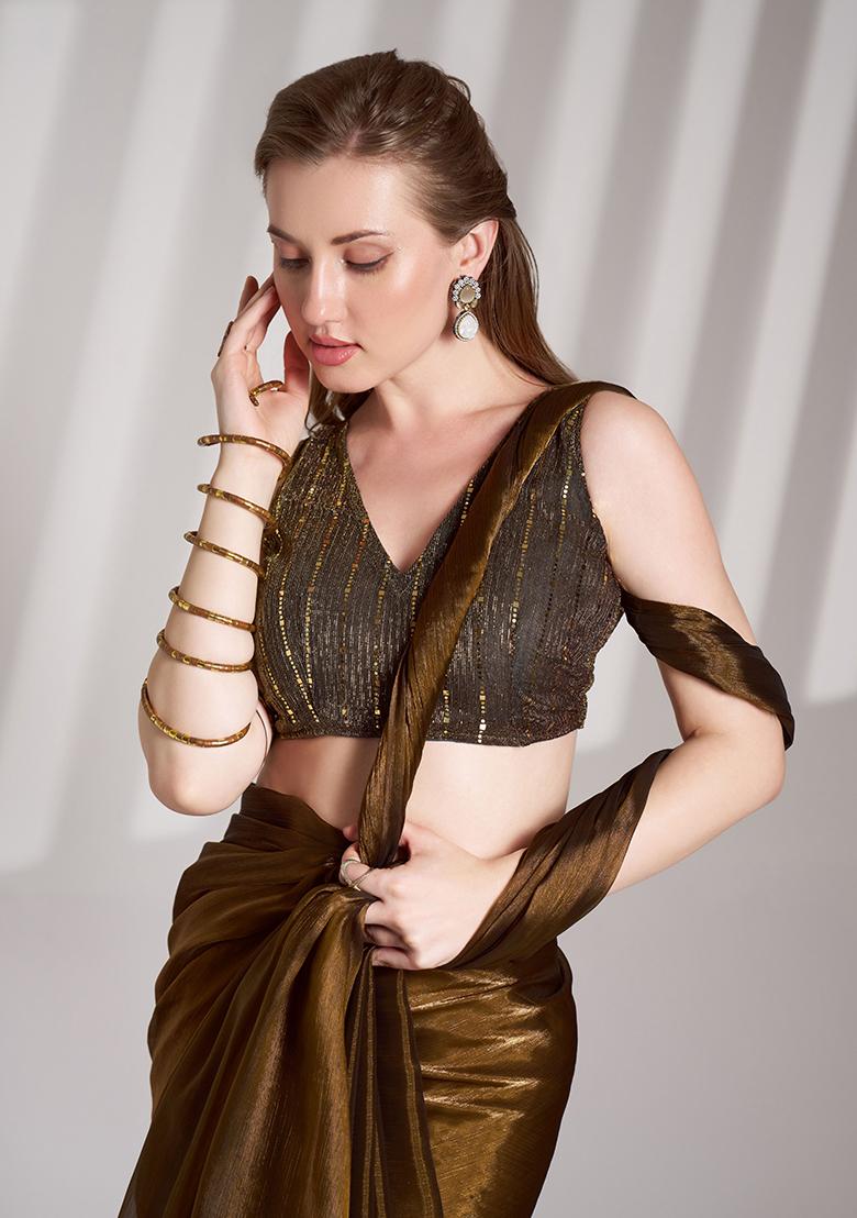 Brown Abstract Print Organza Saree Set