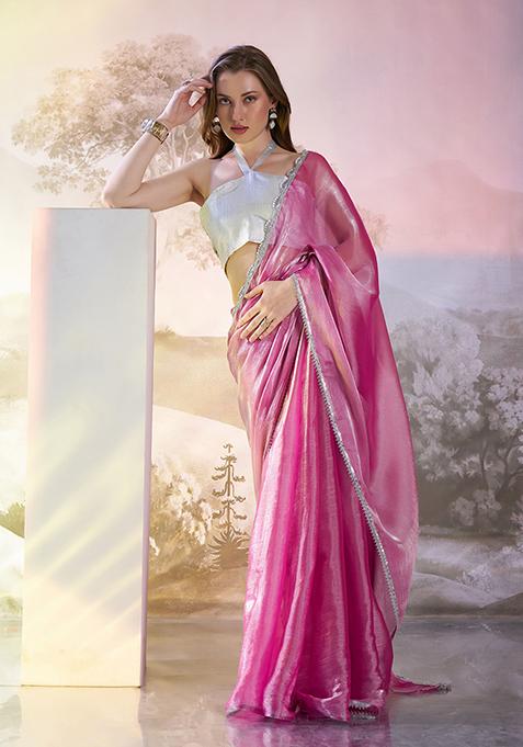 Pink Abstract Print Organza Saree Set