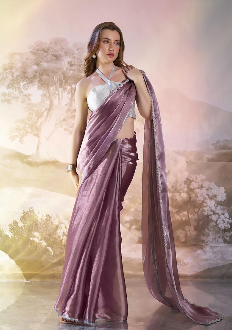 Wine Abstract Print Organza Saree Set