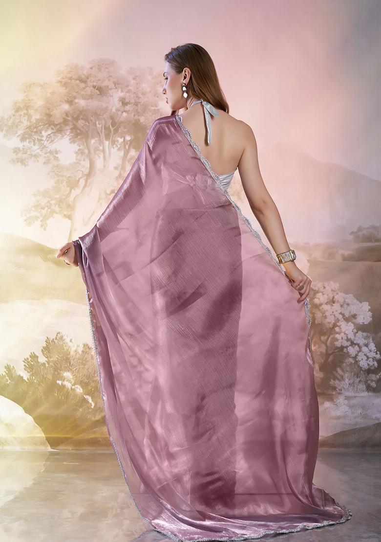 Wine Abstract Print Organza Saree Set
