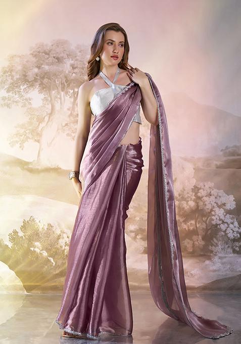 Wine Abstract Print Organza Saree Set