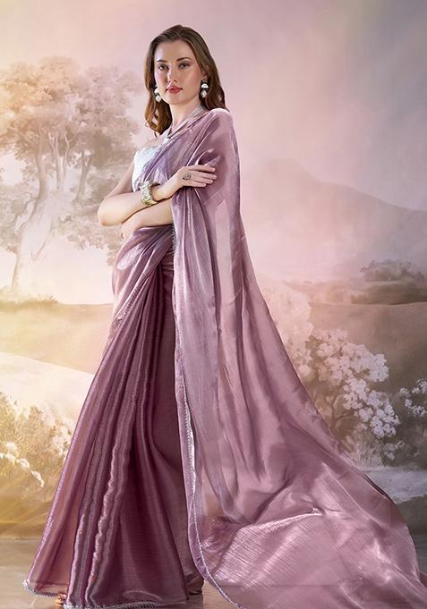 Wine Abstract Print Organza Saree Set