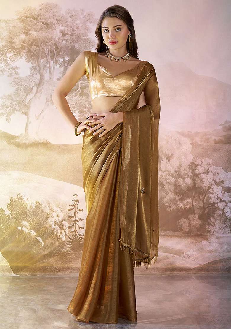 Brown Abstract Print Organza Saree Set - Indya