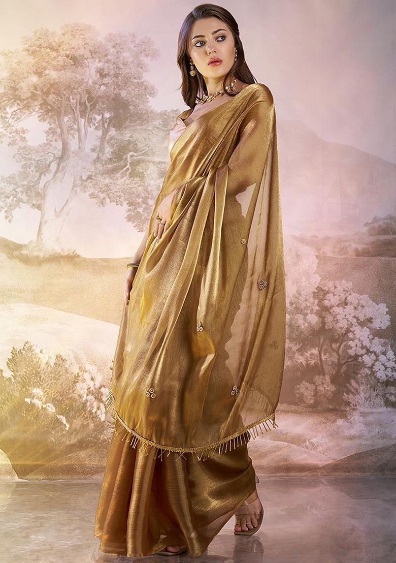 Brown Abstract Print Organza Saree Set