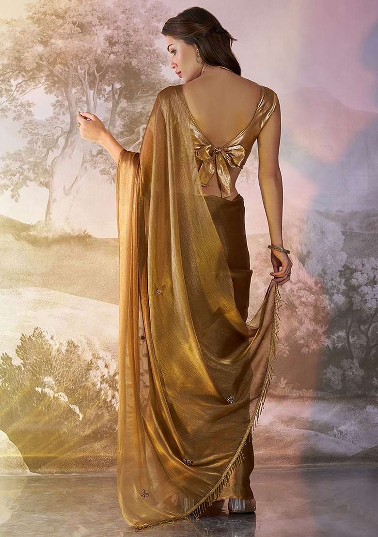 Brown Abstract Print Organza Saree Set - Indya