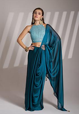 Blue Abstract Print Art Silk Saree Set