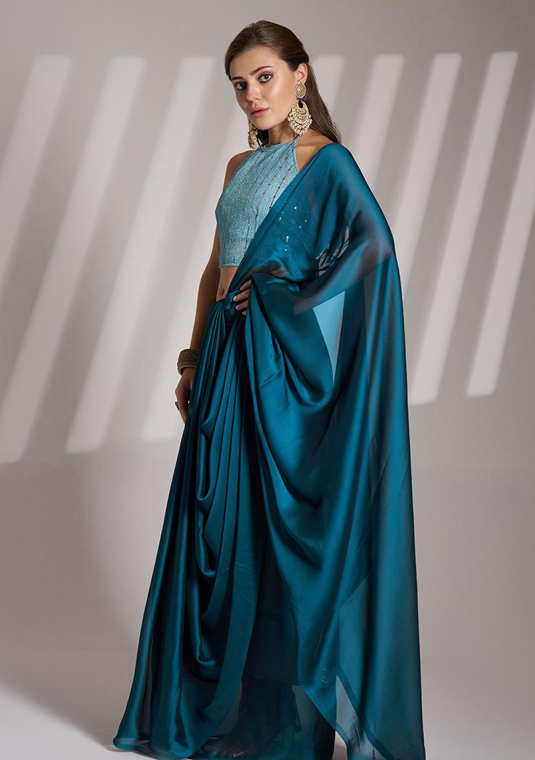 Blue Abstract Print Art Silk Saree Set