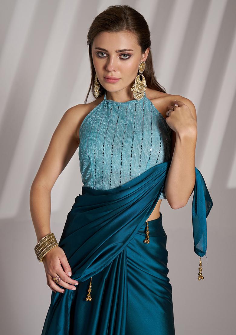 Blue Abstract Print Art Silk Saree Set