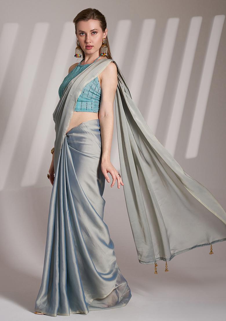 Grey Abstract Print Art Silk Saree Set