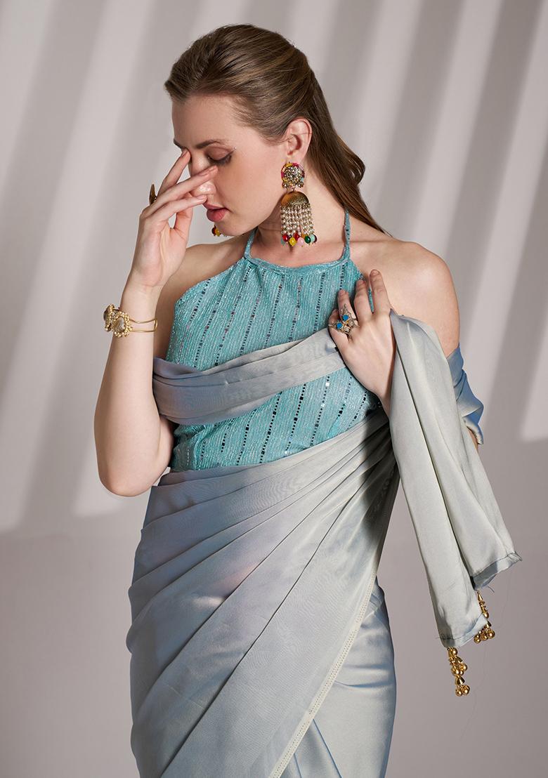 Grey Abstract Print Art Silk Saree Set