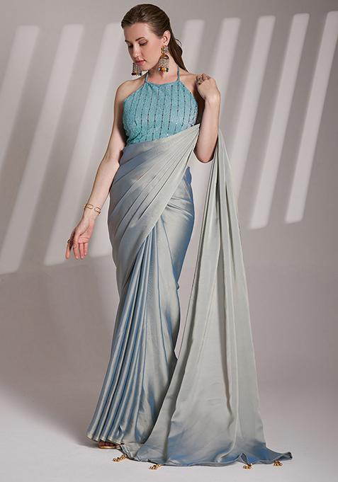 Grey Abstract Print Art Silk Saree Set