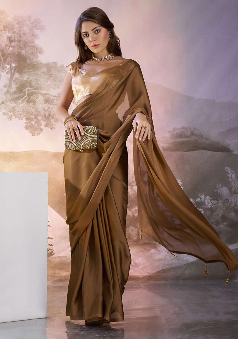Brown Abstract Print Art Silk Saree Set - Indya