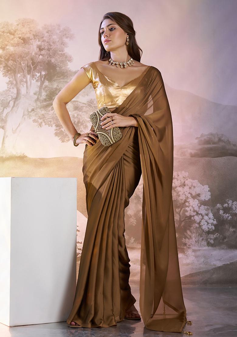 Brown Abstract Print Art Silk Saree Set
