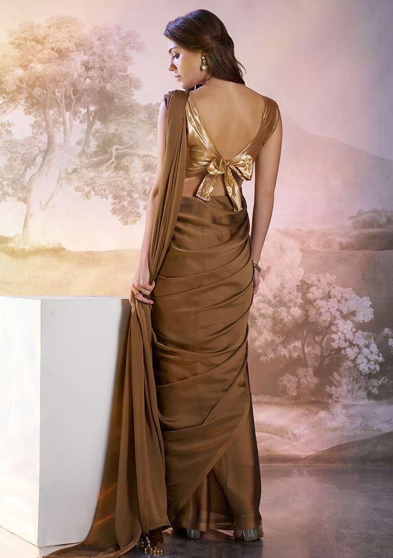 Brown Abstract Print Art Silk Saree Set - Indya