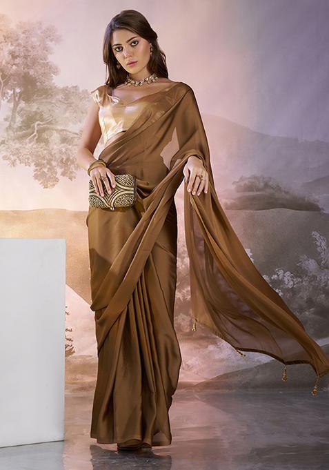 Brown Abstract Print Art Silk Saree Set