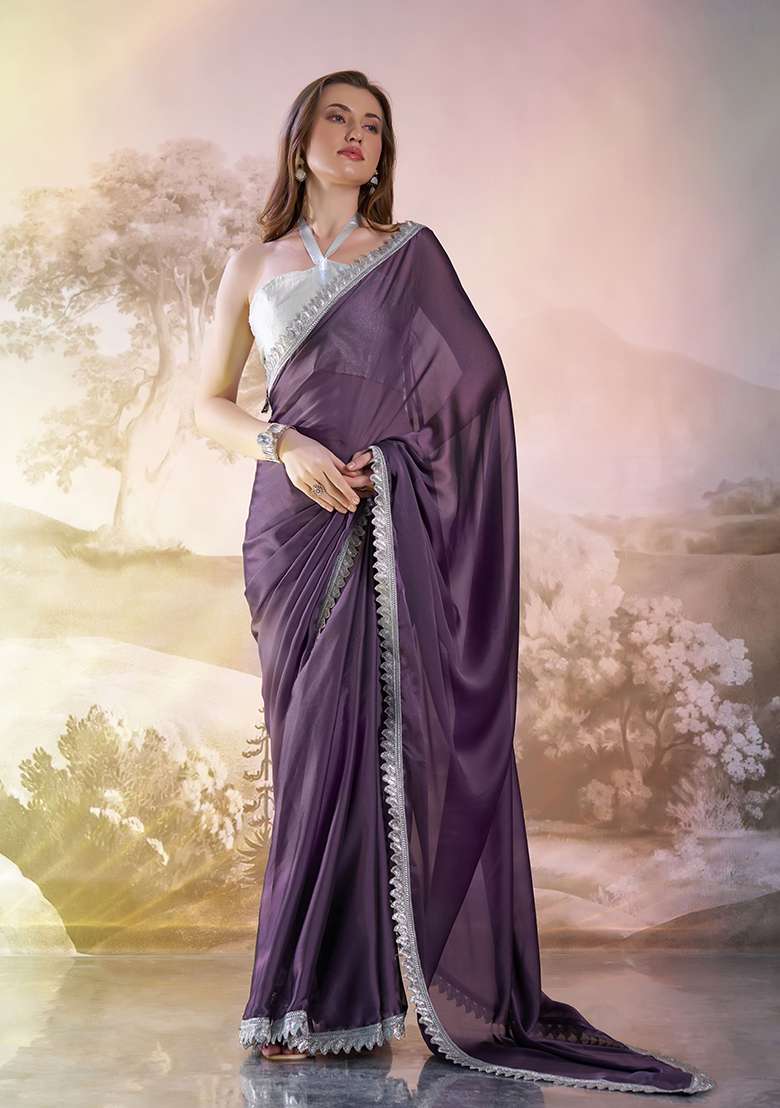 Lavender Abstract Print Art Silk Saree Set - Indya