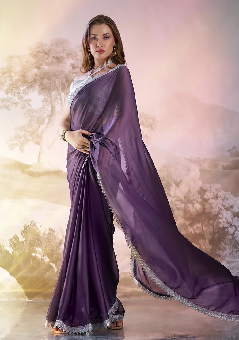 Lavender Abstract Print Art Silk Saree Set