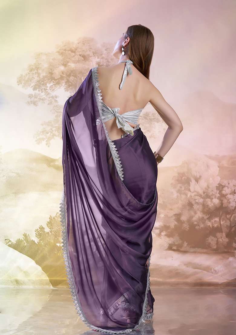 Lavender Abstract Print Art Silk Saree Set - Indya