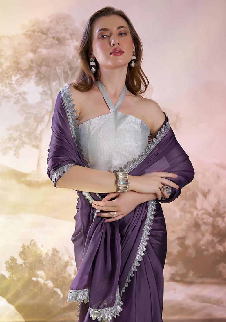 Lavender Abstract Print Art Silk Saree Set