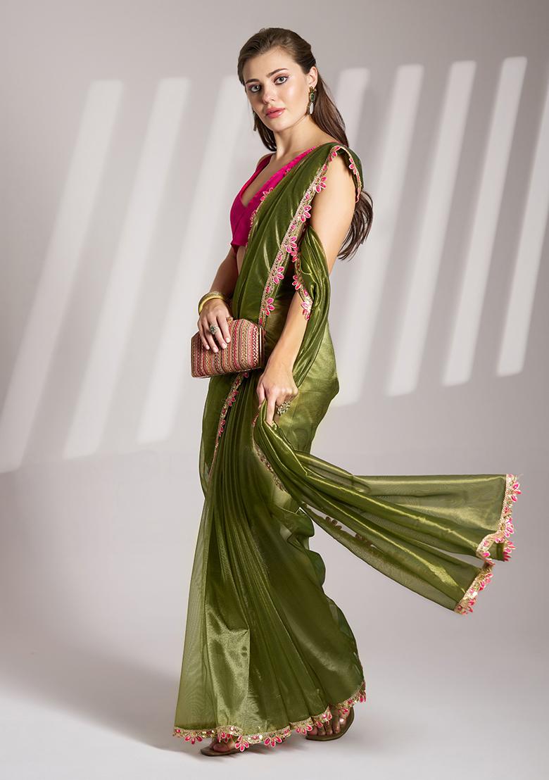 Green Abstract Print Net Saree Set