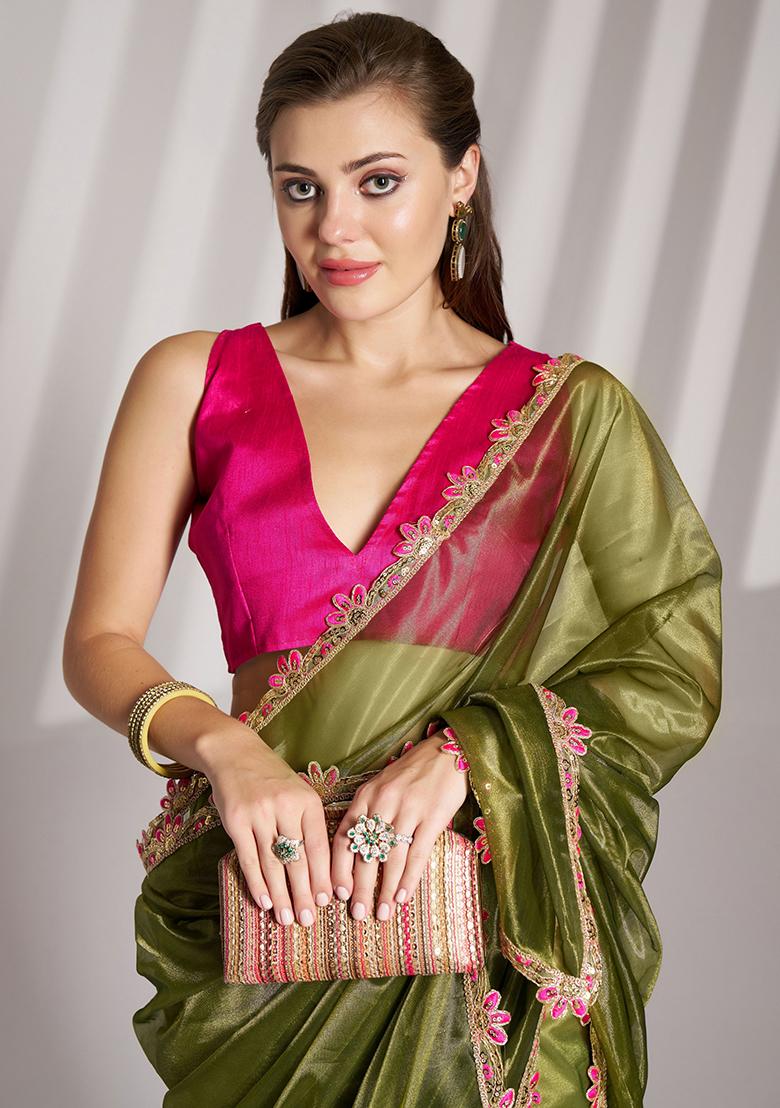 Green Abstract Print Net Saree Set