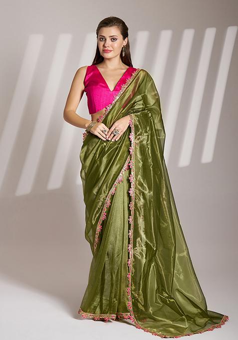Green Abstract Print Net Saree Set