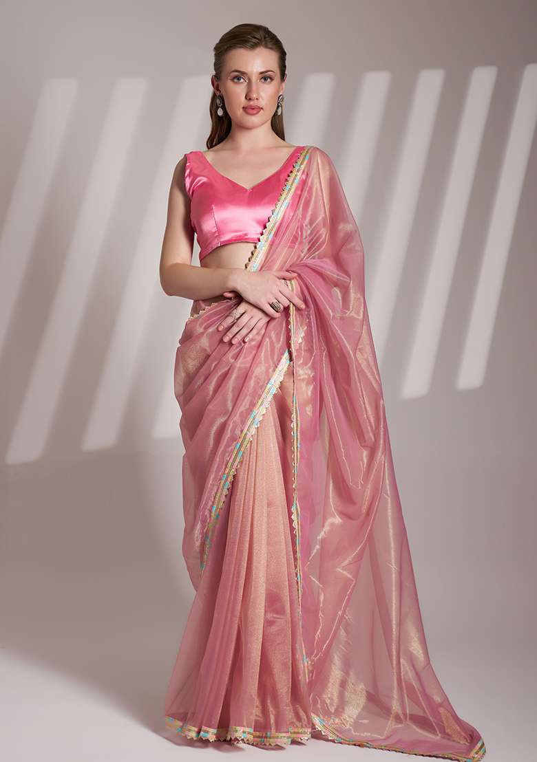 Pink Abstract Print Net Saree Set - Indya