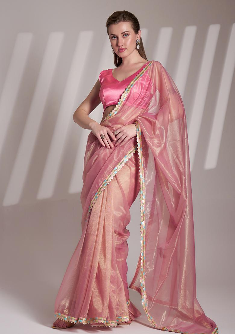 Pink Abstract Print Net Saree Set