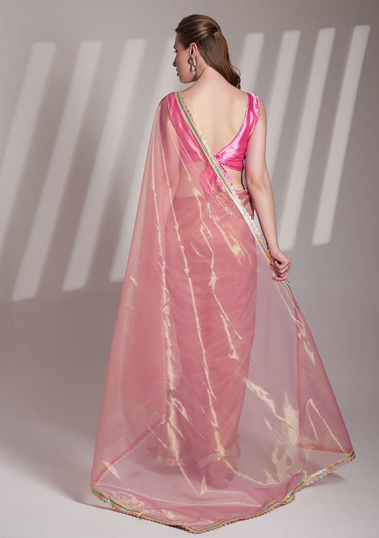 Pink Abstract Print Net Saree Set - Indya