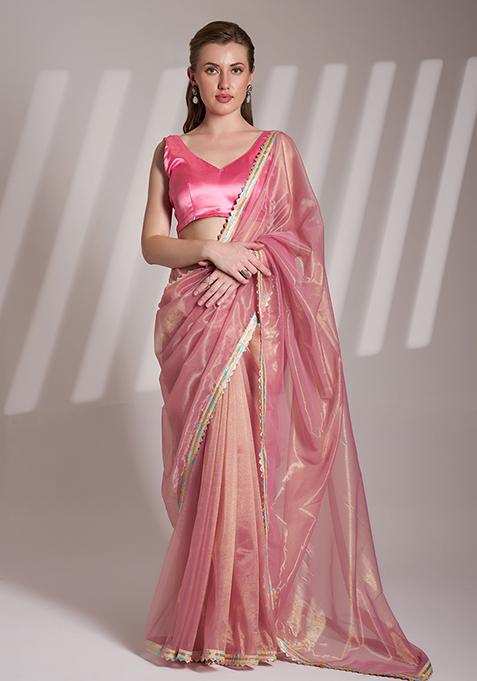 Pink Abstract Print Net Saree Set