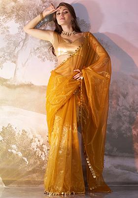 Mustard Abstract Print Net Saree Set