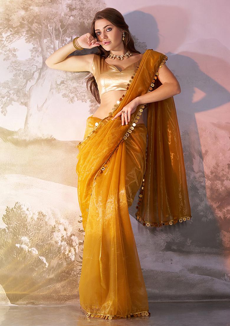 Mustard Abstract Print Net Saree Set