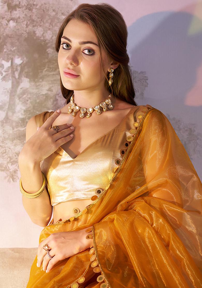 Mustard Abstract Print Net Saree Set