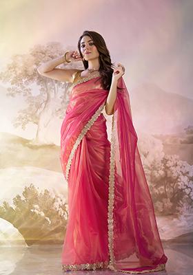 Red Abstract Print Net Saree Set