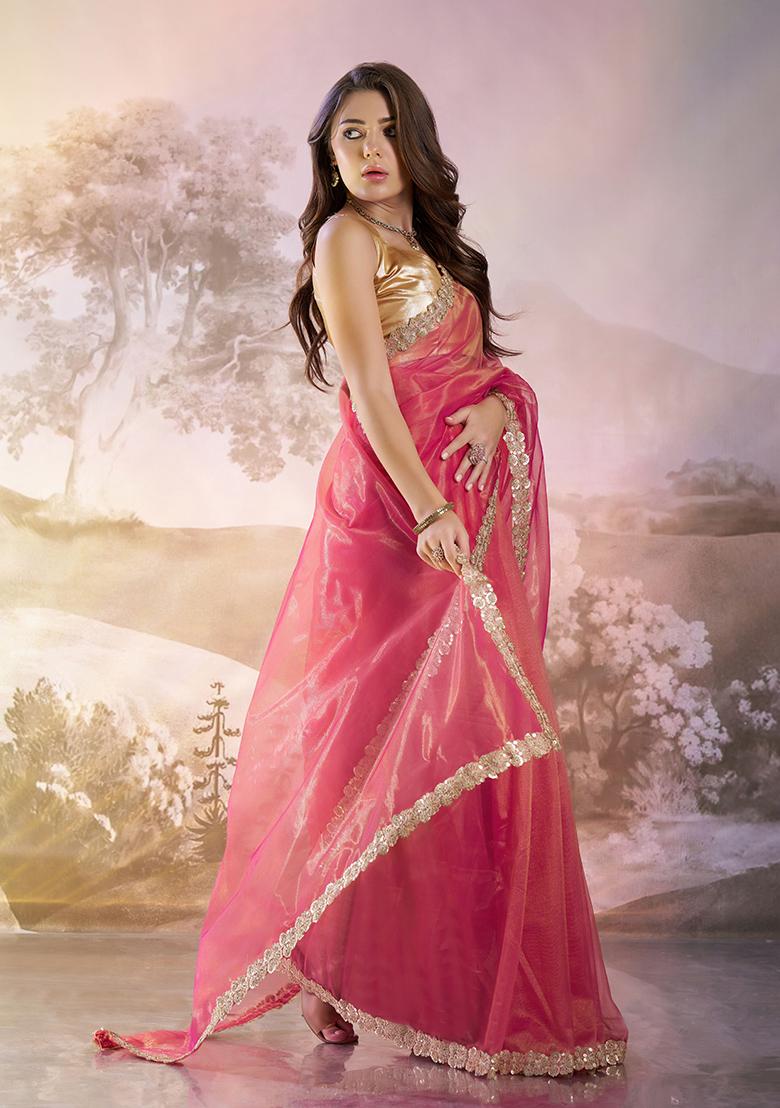 Red Abstract Print Net Saree Set