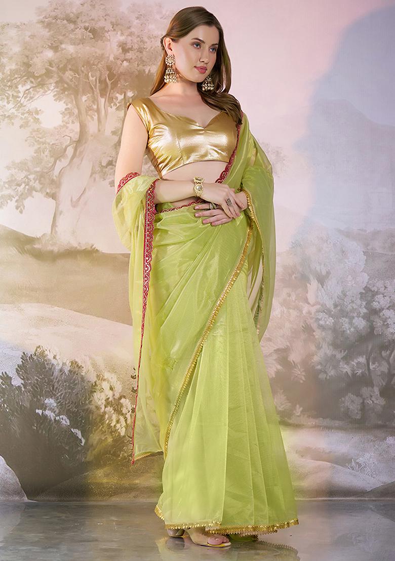 Green Abstract Print Net Saree Set