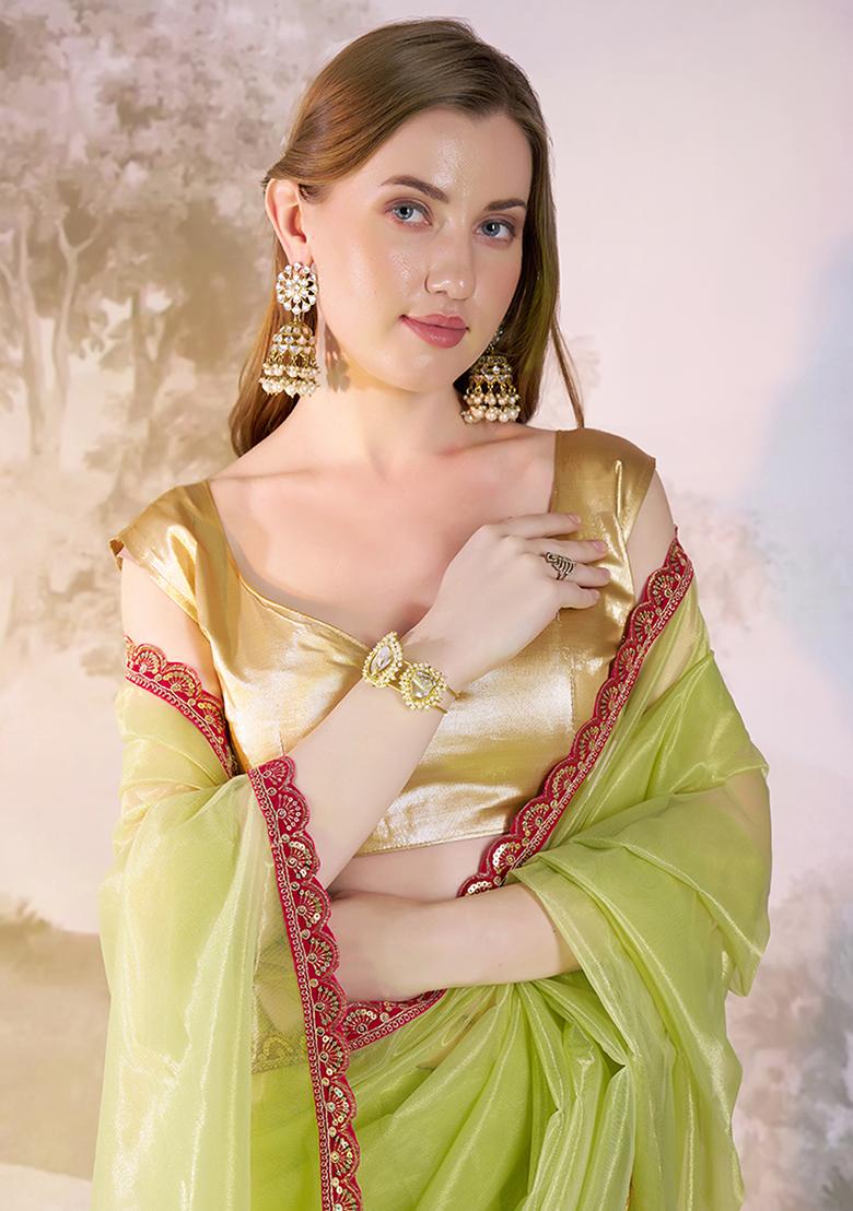 Green Abstract Print Net Saree Set