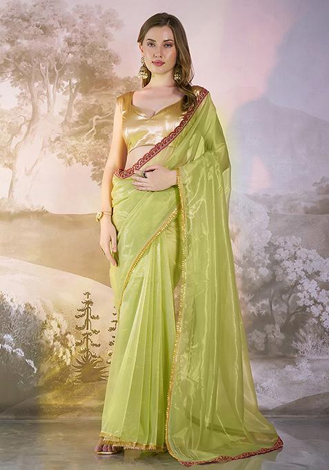 Green Abstract Print Net Saree Set