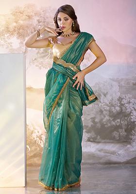 Green Abstract Print Net Saree Set