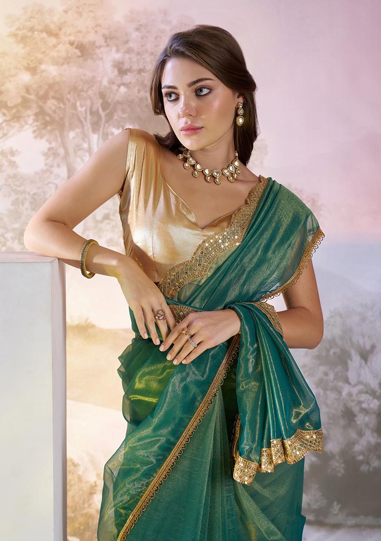 Green Abstract Print Net Saree Set