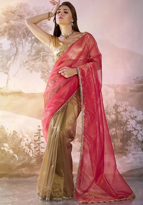 Rust Abstract Print Net Saree Set