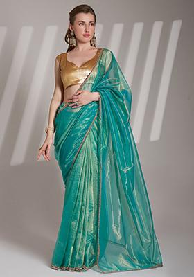 Green Abstract Print Net Saree Set