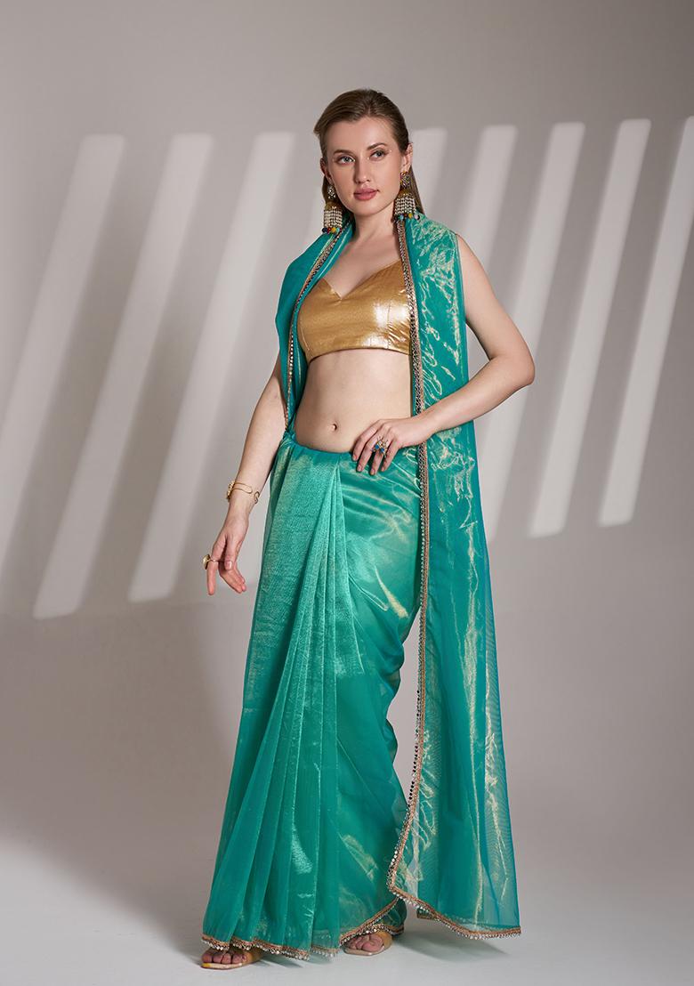 Green Abstract Print Net Saree Set