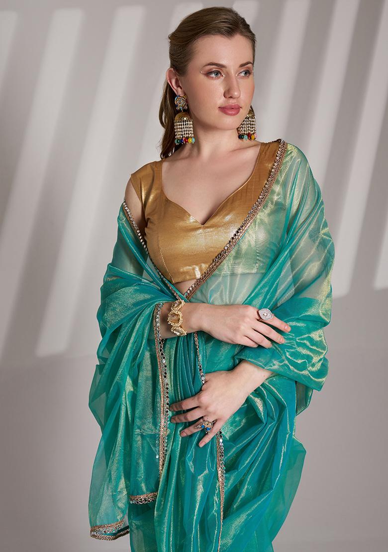 Green Abstract Print Net Saree Set